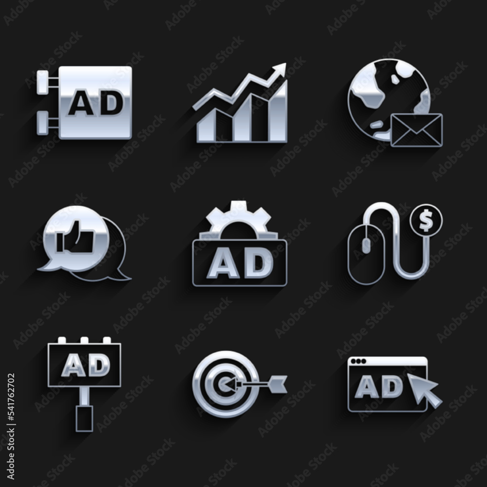 Fototapeta premium Set Advertising, Target, Customer product rating, Earth globe with mail and icon. Vector