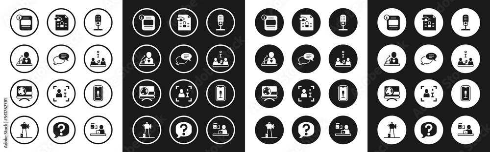 Set Microphone, Speech bubble chat, Breaking news, Information, Interview, Journalistic investigation, Mobile recording and icon. Vector Set Microphone, Speech bubble chat, Breaking news, Information, Interview, Journalistic investigation, Mobile recording and icon. Vector
