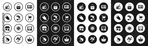 Set Barcode, Price tag for fish, Salami sausage, Tin can with caviar, Shopping cart, bag recycle, Online ordering and delivery and Market store icon. Vector