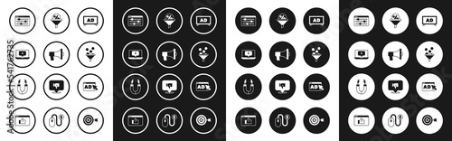 Set Advertising, Megaphone, Laptop with star, Browser setting, Lead management, and Magnet icon. Vector