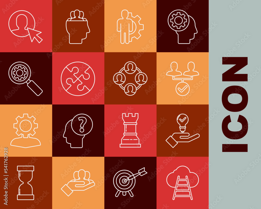 Set line Ladder leading to cloud, Light bulb hand, Project team base, Human with gear inside, Piece of puzzle, Magnifying glass, User business suit and icon. Vector Set line Ladder leading to cloud, Light bulb hand, Project team base, Human with gear inside, Piece of puzzle, Magnifying glass, User business suit and icon. Vector