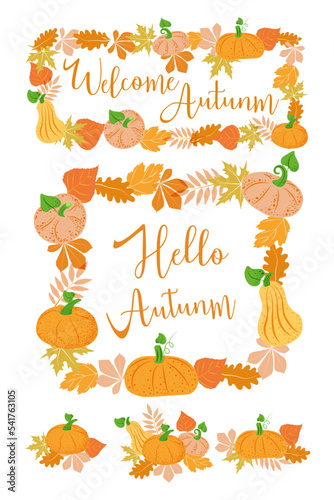 A set of frames and compositions for postcards. Pumpkins and autumn leaves in orange. The inscription Hello  Autumn . Suitable for posters and invitations.