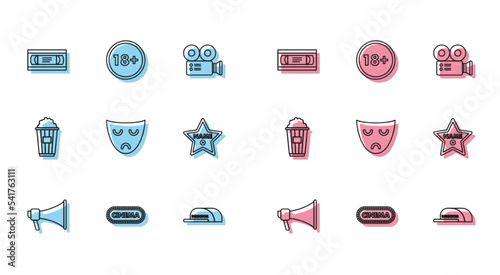 Set line Megaphone, Cap with inscription director, Drama theatrical mask, Hollywood walk of fame star celebrity boulevard, Popcorn cardboard box and Under 18 years icon. Vector