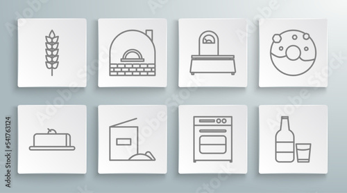 Set line Strawberry cheesecake slice, Brick stove, Flour pack, Oven, Glass bottle with milk and glass, Scales, Donut sweet glaze and Cereals rice, wheat, corn, oats, rye icon. Vector