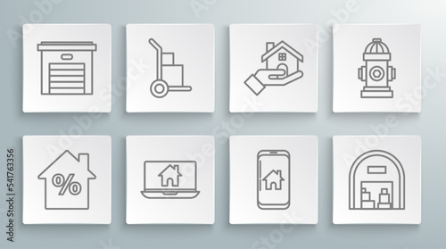 Set line House with percant discount tag, Hand truck and boxes, Laptop smart home, Mobile phone, Warehouse, Realtor, Fire hydrant and Garage icon. Vector