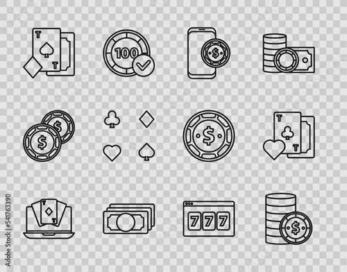 Set line Online poker table game, Casino chip with dollar, Stacks paper money cash, Playing card spades, cards, slot machine lucky sevens jackpot and clubs symbol icon. Vector