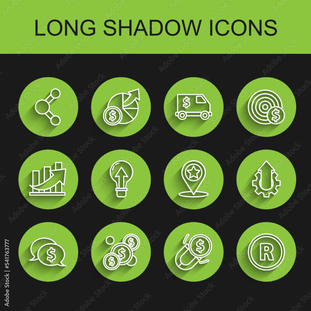 Set line Speech bubble with dollar, Coin money, Share, Magnet, Registered Trademark, Light bulb, Arrow growth gear business and Map pointer star icon. Vector Set line Speech bubble with dollar, Coin money, Share, Magnet, Registered Trademark, Light bulb, Arrow growth gear business and Map pointer star icon. Vector