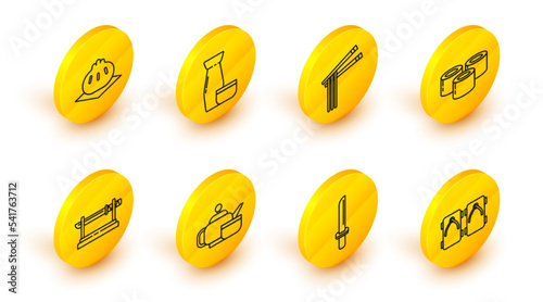 Set line Geta traditional Japanese shoes, katana, tea ceremony, Traditional, Sushi, Asian noodles and chopsticks, and Khinkali cutting board icon. Vector