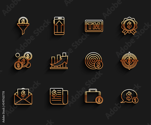 Set line Envelope with coin dollar, Financial news, Lead management, Briefcase and money, Speech bubble, growth, Target and symbol icon. Vector