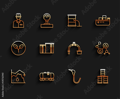 Set line Drop in crude oil price, Oil railway cistern, Oilman, Gasoline pump nozzle, Barrel, industrial factory building, Molecule and Industry pipe and valve icon. Vector