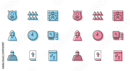 Set line Prisoner, Holy bible book, Police badge, Evidence bag and bullet, Clock, Search computer screen, Judge and Jurors icon. Vector