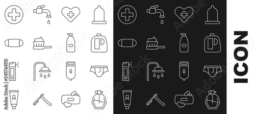 Set line Perfume, Underwear, Bottles for cleaning agent, Heart with cross, Toothbrush toothpaste, Medical protective mask, Cross hospital medical and of liquid antibacterial soap icon. Vector