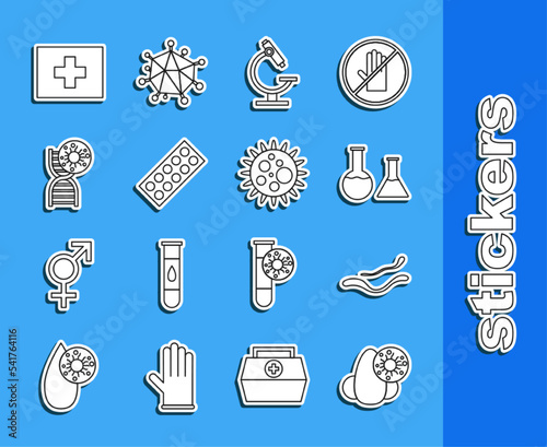 Set line Runny nose and virus, Ebola disease, Test tube flask, Microscope, Pills in blister pack, DNA symbol, First aid kit and Virus icon. Vector