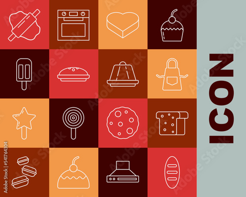 Set line Bread loaf, toast, Kitchen apron, Candy in heart shaped box, Homemade pie, Ice cream, Rolling pin dough and Pudding custard icon. Vector