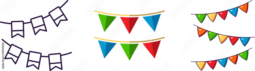 Fototapeta premium Merry Christmas and Happy New Year concept. Collection of icon of garlands in line, flat and cartoon styles for web sites, adverts, articles, shops, stores