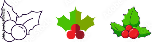 Merry Christmas and Happy New Year concept. Collection of icon of mistletoe in line, flat and cartoon styles for web sites, adverts, articles, shops, stores