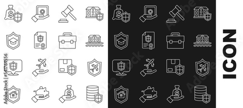 Set line Money with shield, Plane, House flood, Judge gavel, Contract, Graduation cap, and Briefcase icon. Vector