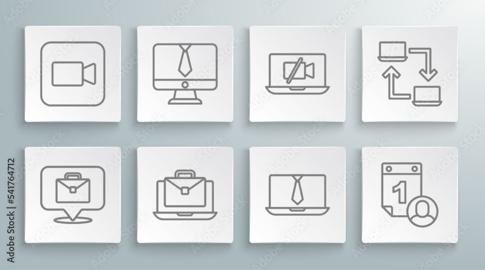Set line Online working, Video chat conference, Time management, camera Off laptop, and Camera icon. Vector Set line Online working, Video chat conference, Time management, camera Off laptop, and Camera icon. Vector