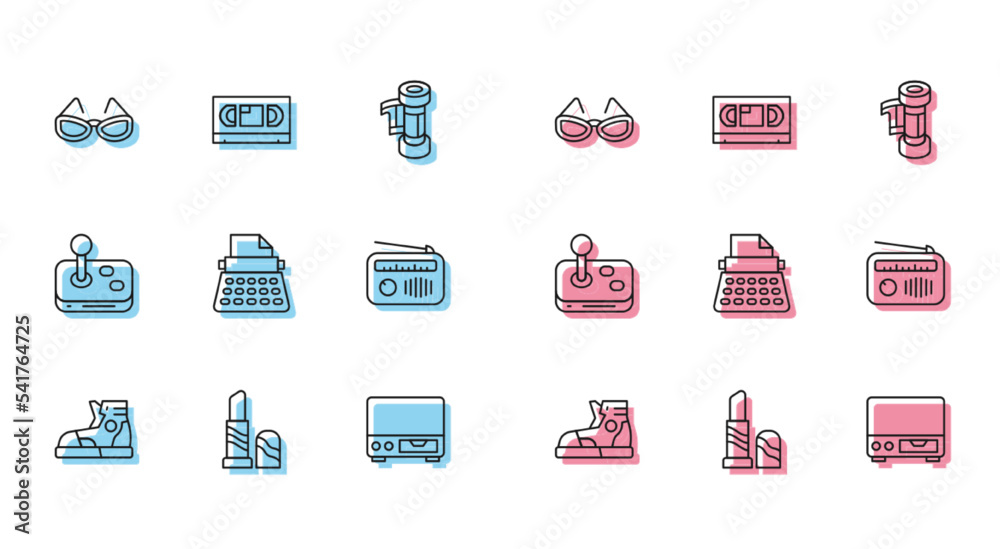Set line Sport sneakers, Lipstick, Glasses, Old video cassette player, Retro typewriter, Radio with antenna, Joystick and VHS tape icon. Vector Set line Sport sneakers, Lipstick, Glasses, Old video cassette player, Retro typewriter, Radio with antenna, Joystick and VHS tape icon. Vector