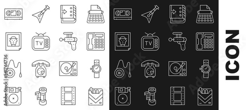Set line Cigarettes pack box, Wrist watch, Telephone handset, Sound mixer controller, Retro tv, Photo, VHS video cassette tape and Ray gun icon. Vector