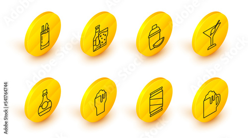 Set line Wooden beer mug, Beer can, Glass of, Bottle cognac or brandy, Martini glass, Cocktail shaker with lime, bottle and Bloody Mary icon. Vector