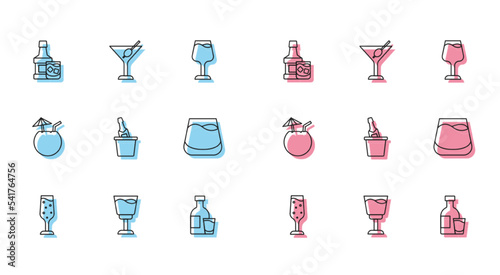 Set line Glass of champagne, Wine glass, Whiskey bottle and, Bottle vodka with, Champagne ice bucket, whiskey, Coconut cocktail and Martini icon. Vector