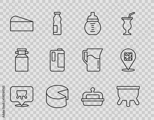 Set line Udder, Baby milk in a bottle, Cheese, Milk plastic, Butter butter dish and icon. Vector