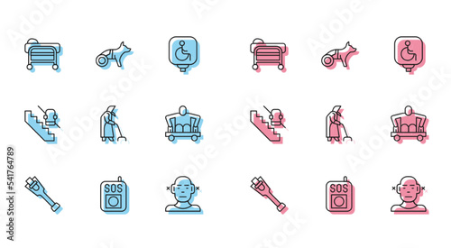 Set line Prosthesis leg, Press SOS button, Stretcher, Deaf, Grandmother, Man without legs sitting wheelchair, Disabled elevator and Dog icon. Vector