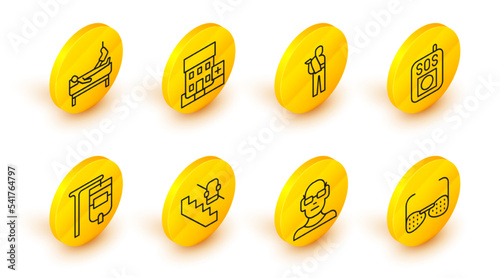 Set line Blind glasses, Poor eyesight, Disabled elevator, IV bag, Press the SOS button, Human broken arm, Medical hospital building and Patient with leg icon. Vector