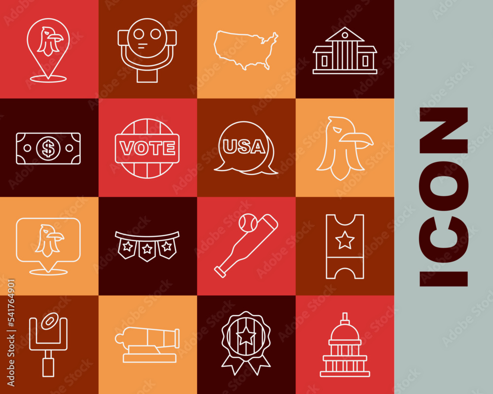 Set line White House, Baseball ticket, Eagle, USA map, Vote, Stacks paper money cash, and Independence day icon. Vector