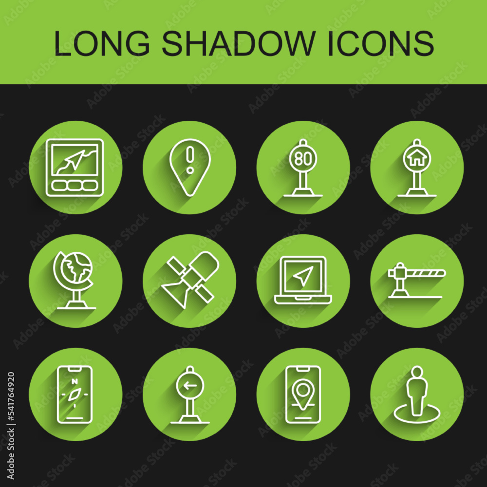 Set line Compass on mobile, Traffic sign turn left, Gps device with map, City navigation, Location person, Satellite, Parking car barrier and Laptop location marker icon. Vector