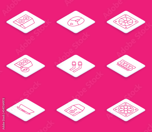 Set line Case of computer, Computer mouse, cooler, LAN cable network internet, RAM, random access memory, Laptop and Uninterruptible power supply icon. Vector