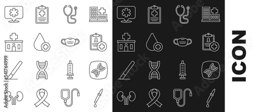 Set line Pipette, DNA symbol, Patient record, Stethoscope, Donate drop blood, Hospital building, Location hospital and Medical protective mask icon. Vector