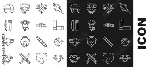 Set line Deer antlers on shield, Hunt duck with crosshairs, Cartridges, moose, deer, Bow and arrow in quiver, Hunter hat and Sniper optical sight icon. Vector