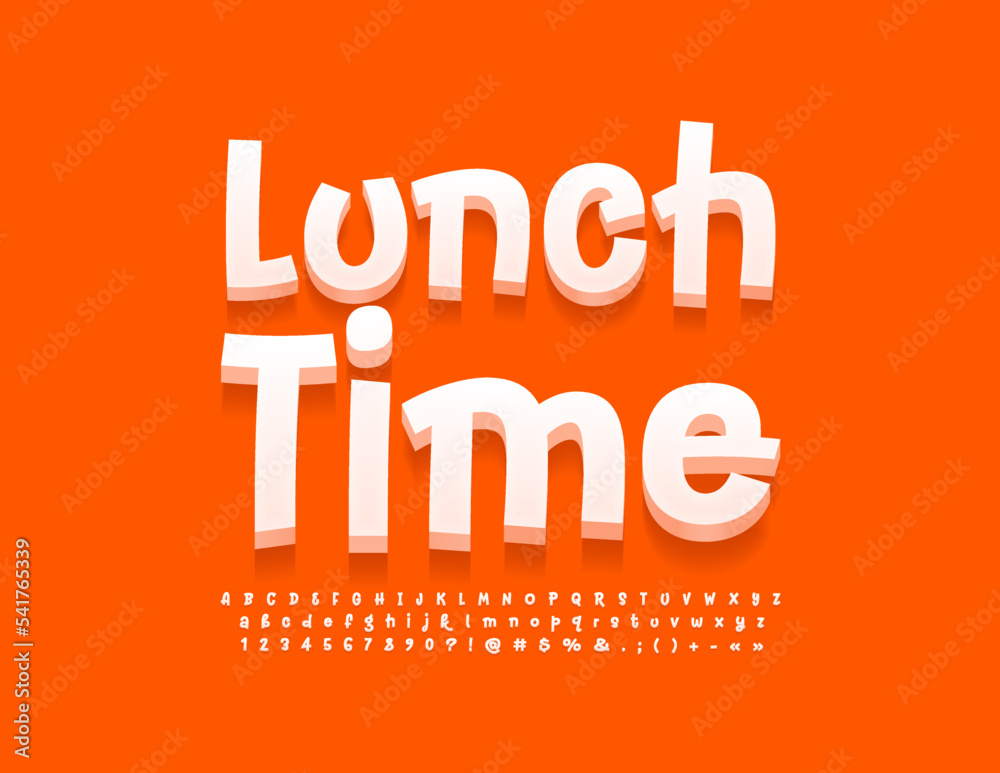 Vector bright banner Lunch Time. Funny White 3D Font. Artistic Alphabet Letters and Numbers set Vector bright banner Lunch Time. Funny White 3D Font. Artistic Alphabet Letters and Numbers set
