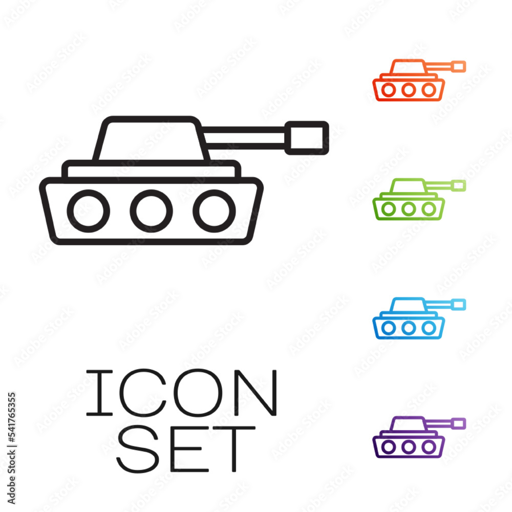 Black line Military tank icon isolated on white background. Set icons colorful. Vector Black line Military tank icon isolated on white background. Set icons colorful. Vector