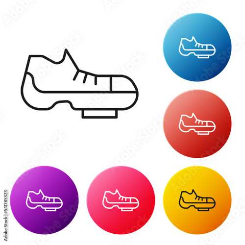 Black line Triathlon cycling shoes icon isolated on white background. Sport shoes, bicycle shoes. Set icons colorful circle buttons. Vector