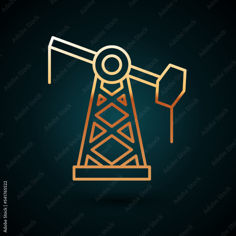 Gold line Oil pump or pump jack icon isolated on dark blue background. Oil rig. Vector Gold line Oil pump or pump jack icon isolated on dark blue background. Oil rig. Vector