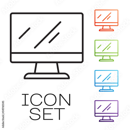 Black line Computer monitor screen icon isolated on white background. Electronic device. Front view. Set icons colorful. Vector