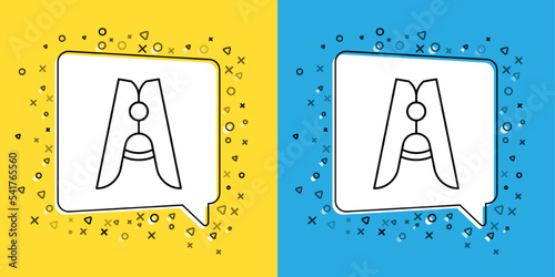 Set line Old wood clothes pin icon isolated on yellow and blue background. Clothes peg. Vector