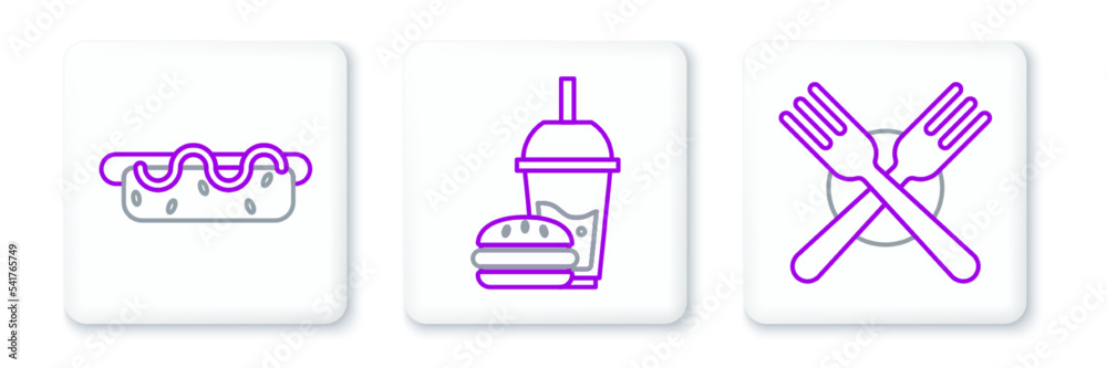 Set line Crossed fork, Hotdog sandwich with mustard and Paper glass drinking straw burger icon. Vector Set line Crossed fork, Hotdog sandwich with mustard and Paper glass drinking straw burger icon. Vector