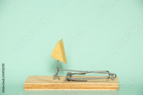Foto Cheese in a mousetrap on a blue background, free cheese