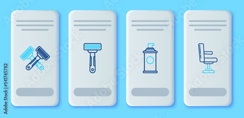 Set line Shaving razor, gel foam, Crossed shaving and Barbershop chair icon. Vector