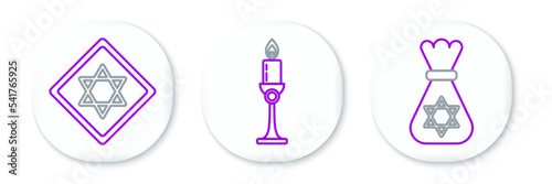Set line Jewish money bag with star of david, Star David and Burning candle in candlestick icon. Vector