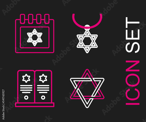 Set line Star of David, Tombstone with star david, necklace chain and Jewish calendar icon. Vector