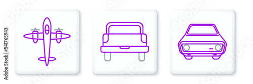 Set line Car, Old retro vintage plane and Pickup truck icon. Vector
