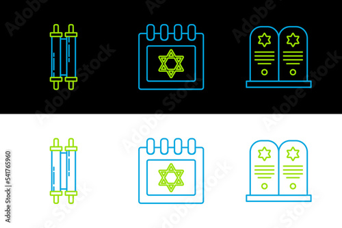Set line Tombstone with star of david, Torah scroll and Jewish calendar icon. Vector