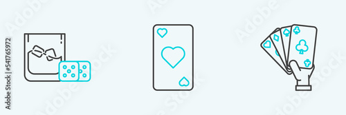 Set line Hand holding playing cards, Game dice glass of whiskey with ice cubes and Playing heart symbol icon. Vector