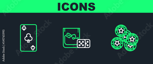 Set line Casino chips, Playing card with clubs symbol and Game dice and glass of whiskey ice cubes icon. Vector