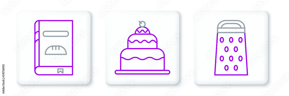 Set line Grater, Cookbook and Cake icon. Vector Set line Grater, Cookbook and Cake icon. Vector